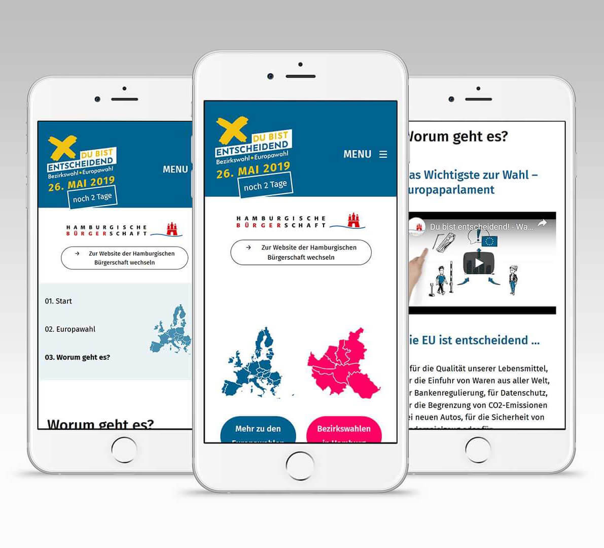 Drei Smartphones zeigen eine Website